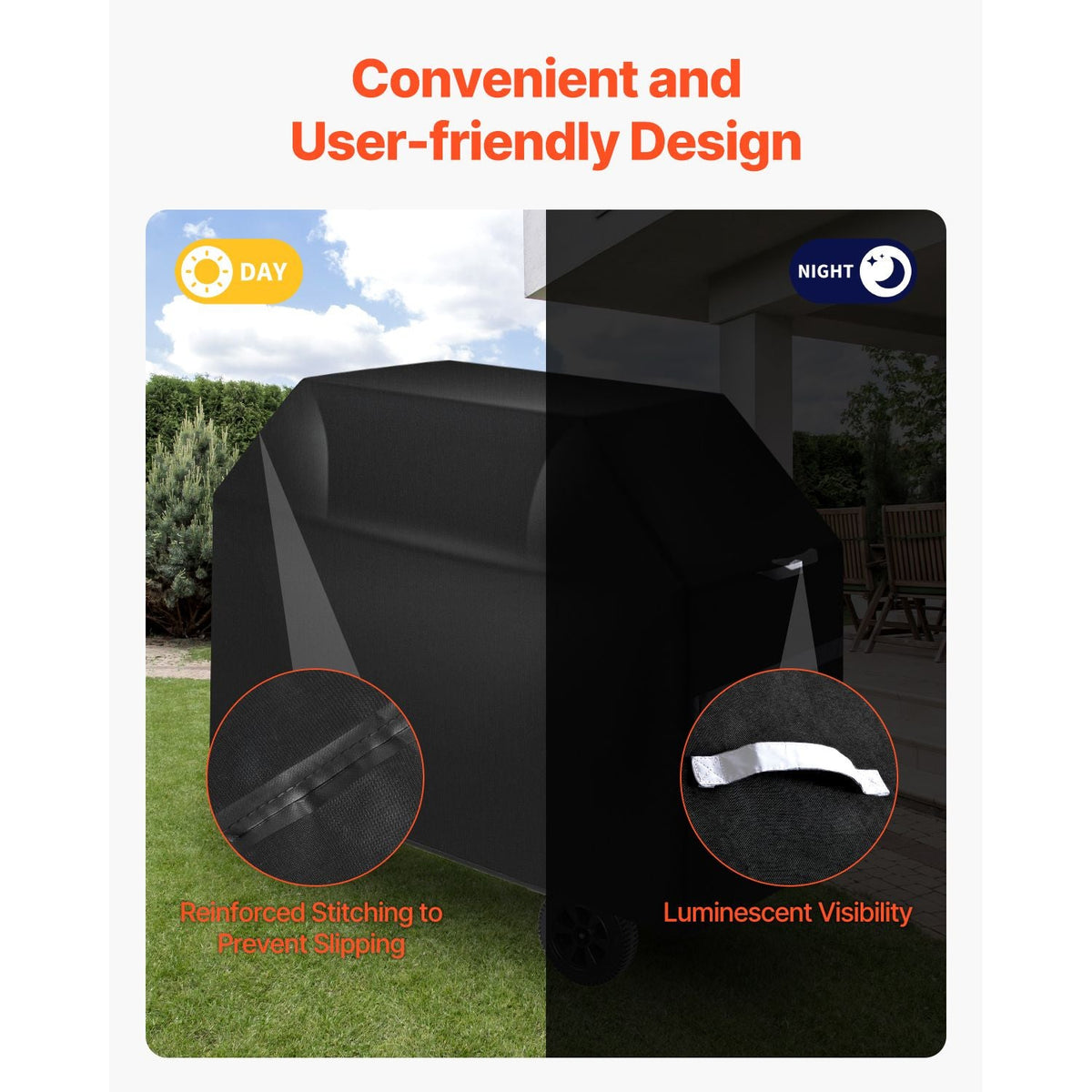 Grill Cover, 48 inch BBQ Covers for Outdoor Grills, Waterproof, Fade Resistant, Weather Resistant Heavy Duty 600D Polyester, Easy On/Off, with Hook-and-Loop Straps, Black