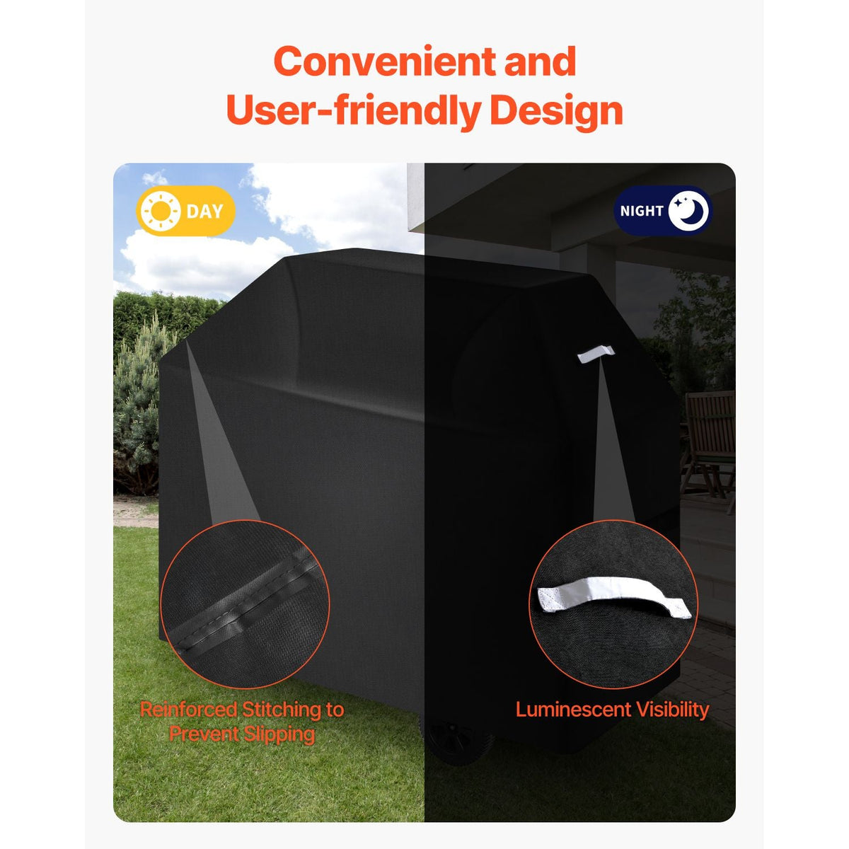 Grill Cover, 58 inch BBQ Covers for Outdoor Grills, Waterproof, Fade Resistant, Weather Resistant Heavy Duty 600D Polyester, Easy On/Off, with Hook-and-Loop Straps, Black