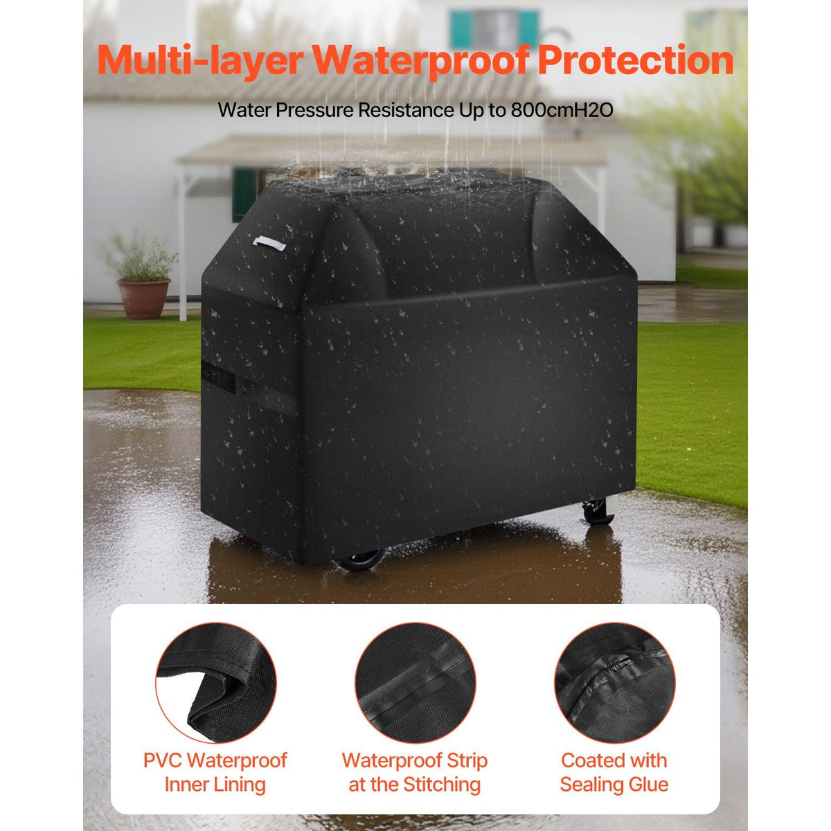 Grill Cover, 58 inch BBQ Covers for Outdoor Grills, Waterproof, Fade Resistant, Weather Resistant Heavy Duty 600D Polyester, Easy On/Off, with Hook-and-Loop Straps, Black