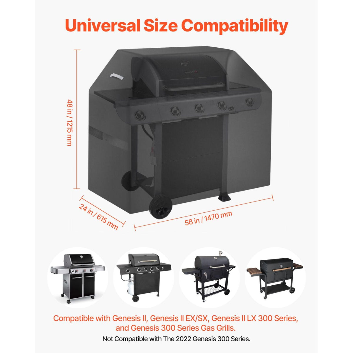 Grill Cover, 58 inch BBQ Covers for Outdoor Grills, Waterproof, Fade Resistant, Weather Resistant Heavy Duty 600D Polyester, Easy On/Off, with Hook-and-Loop Straps, Black