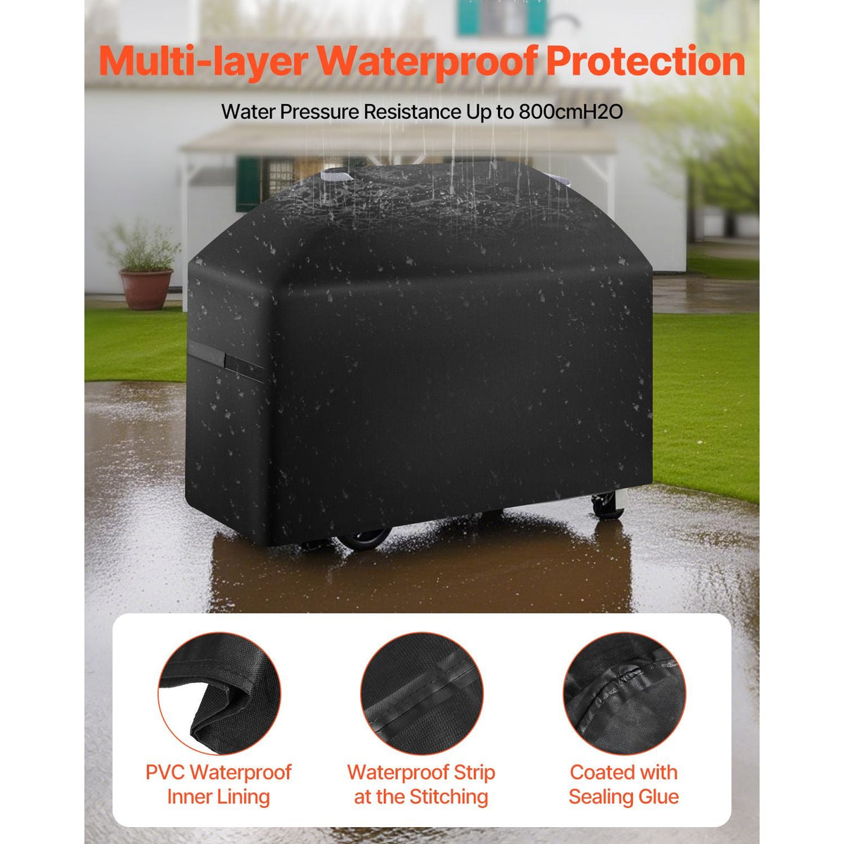 Grill Cover, 63 inch BBQ Covers for Outdoor Grills, Waterproof, Fade Resistant, Weather Resistant Heavy Duty 600D Polyester, Easy On/Off, with Hook-and-Loop Straps, Black