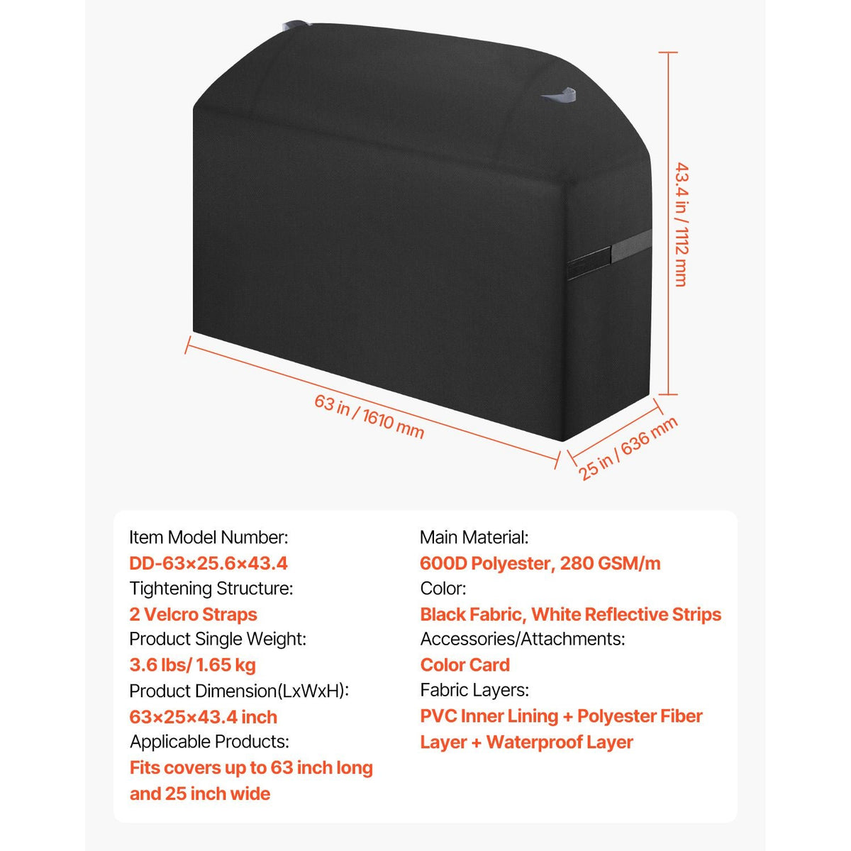 Grill Cover, 63 inch BBQ Covers for Outdoor Grills, Waterproof, Fade Resistant, Weather Resistant Heavy Duty 600D Polyester, Easy On/Off, with Hook-and-Loop Straps, Black