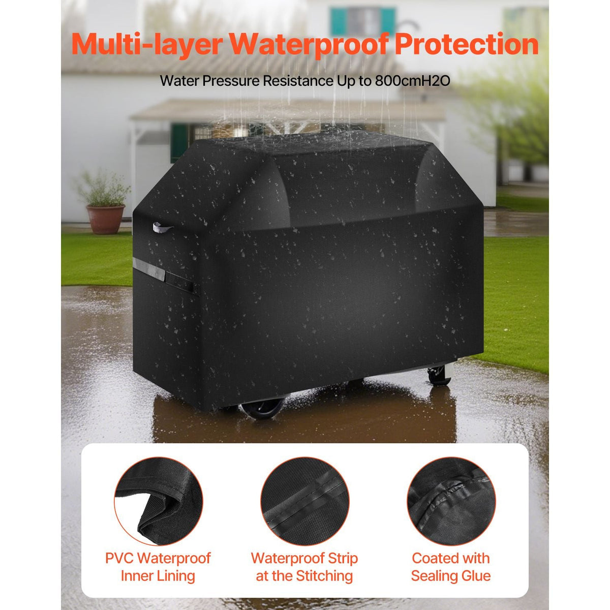 Grill Cover, 65 inch BBQ Covers for Outdoor Grills, Waterproof, Fade Resistant, Weather Resistant Heavy Duty 600D Polyester, Easy On/Off, with Hook-and-Loop Straps, Black