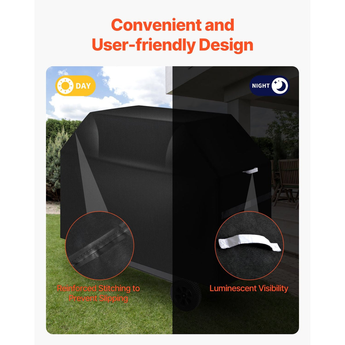 Grill Cover, 65 inch BBQ Covers for Outdoor Grills, Waterproof, Fade Resistant, Weather Resistant Heavy Duty 600D Polyester, Easy On/Off, with Hook-and-Loop Straps, Black