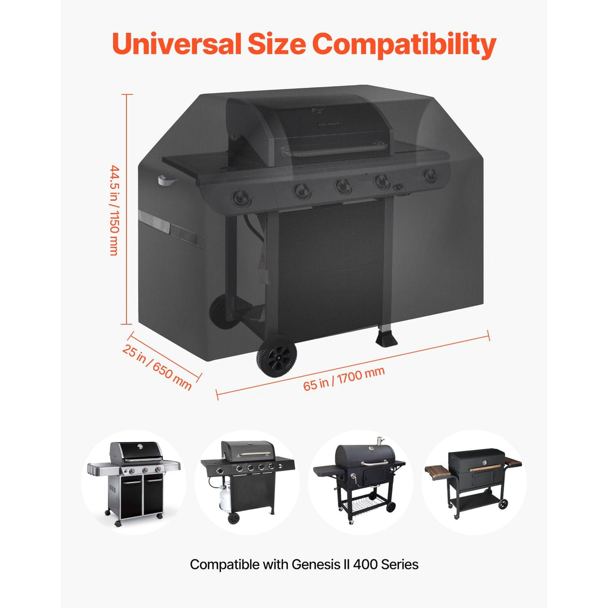 Grill Cover, 65 inch BBQ Covers for Outdoor Grills, Waterproof, Fade Resistant, Weather Resistant Heavy Duty 600D Polyester, Easy On/Off, with Hook-and-Loop Straps, Black