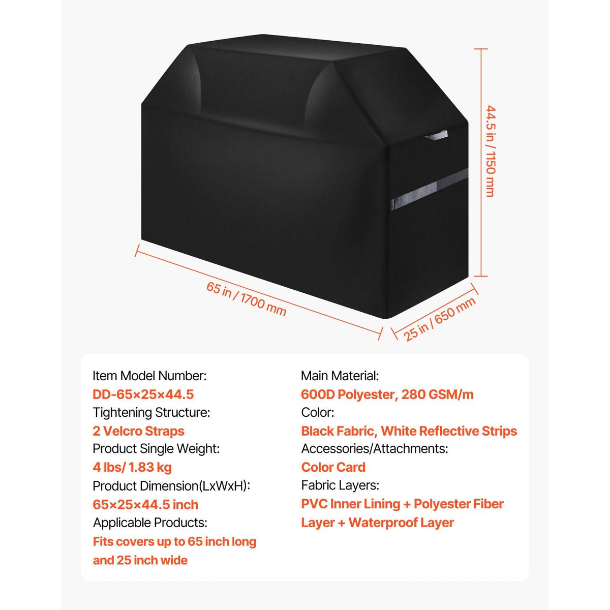 Grill Cover, 65 inch BBQ Covers for Outdoor Grills, Waterproof, Fade Resistant, Weather Resistant Heavy Duty 600D Polyester, Easy On/Off, with Hook-and-Loop Straps, Black