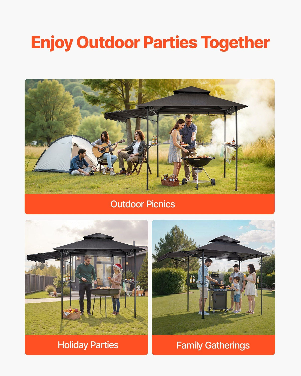 Grill Gazebo, 8 x 5 ft Double-Tiered Top, BBQ Gazebo with Extra Awning, Powder-Coated Steel Patio Grill Shelter with 2 Side Shelves, Bottle Opener & Hooks, Outdoor Grilling Canopy for Garden