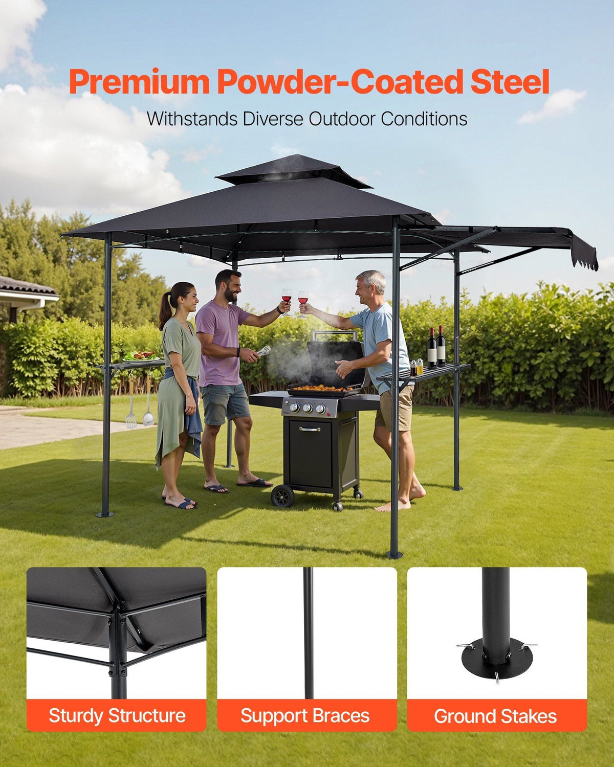 Grill Gazebo, 8 x 5 ft Double-Tiered Top, BBQ Gazebo with Extra Awning, Powder-Coated Steel Patio Grill Shelter with 2 Side Shelves, Bottle Opener & Hooks, Outdoor Grilling Canopy for Garden