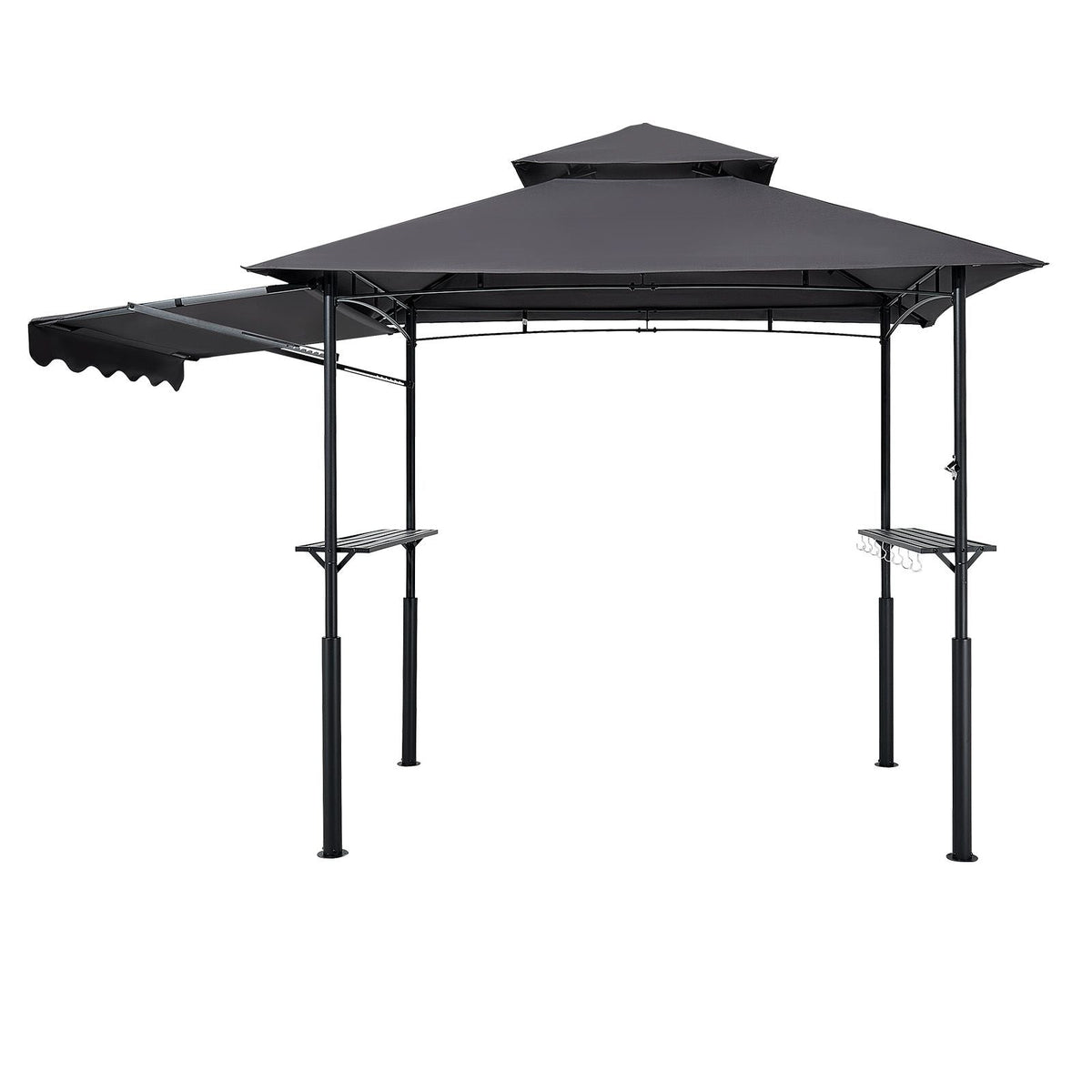 Grill Gazebo, 8 x 5 ft Double-Tiered Top, Reinforced BBQ Gazebo with Extra Awning, Powder-Coated Steel Patio Grill Shelter with 2 Side Shelves & Hooks, Outdoor Grilling Canopy for Garden