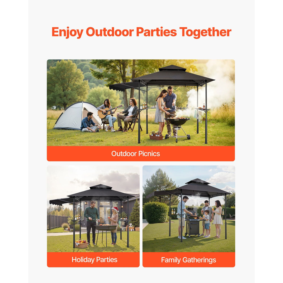 Grill Gazebo, 8 x 5 ft Double-Tiered Top, Reinforced BBQ Gazebo with Extra Awning, Powder-Coated Steel Patio Grill Shelter with 2 Side Shelves & Hooks, Outdoor Grilling Canopy for Garden