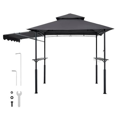 Grill Gazebo, 8 x 5 ft Double-Tiered Top, Reinforced BBQ Gazebo with Extra Awning, Powder-Coated Steel Patio Grill Shelter with 2 Side Shelves & Hooks, Outdoor Grilling Canopy for Garden