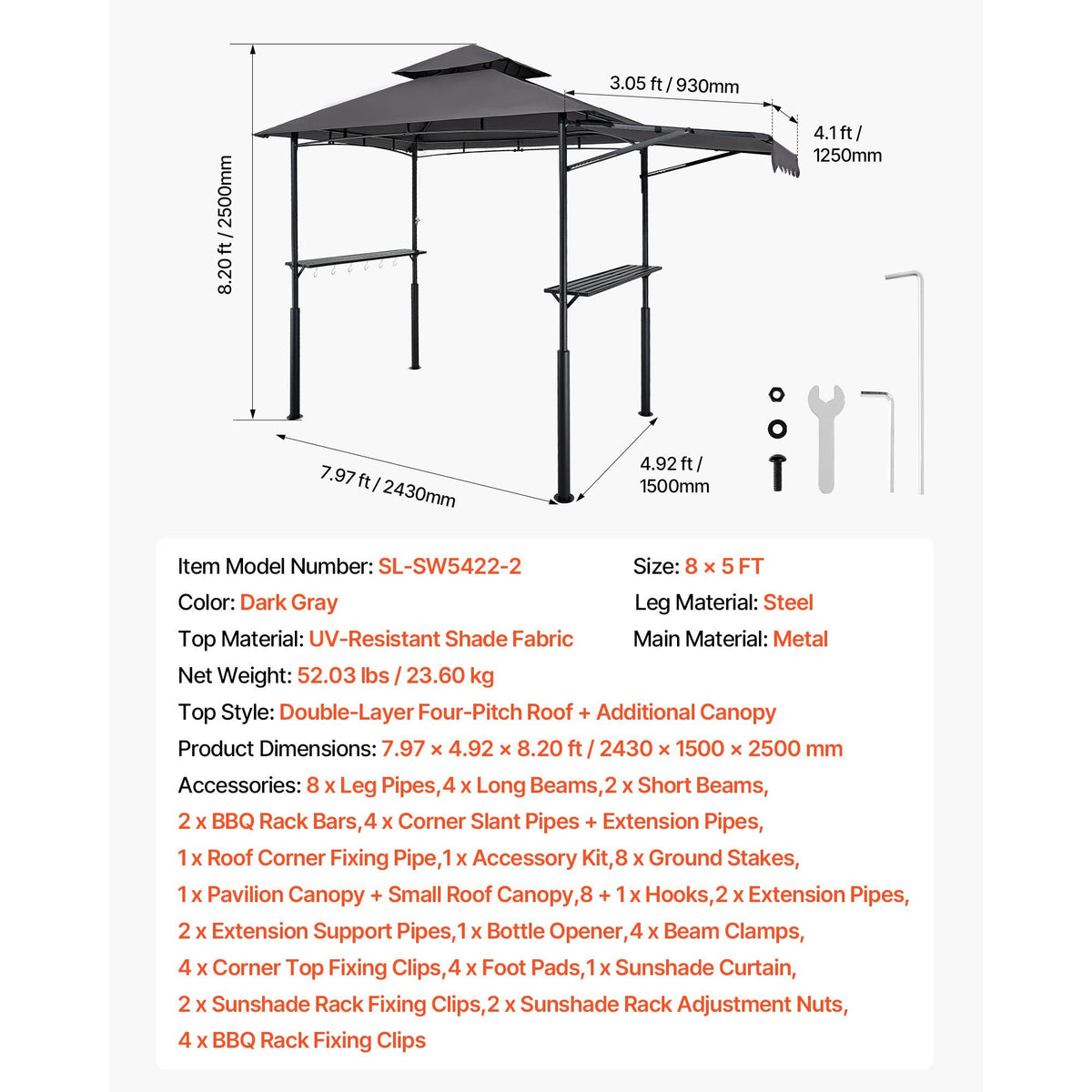 Grill Gazebo, 8 x 5 ft Double-Tiered Top, Reinforced BBQ Gazebo with Extra Awning, Powder-Coated Steel Patio Grill Shelter with 2 Side Shelves & Hooks, Outdoor Grilling Canopy for Garden