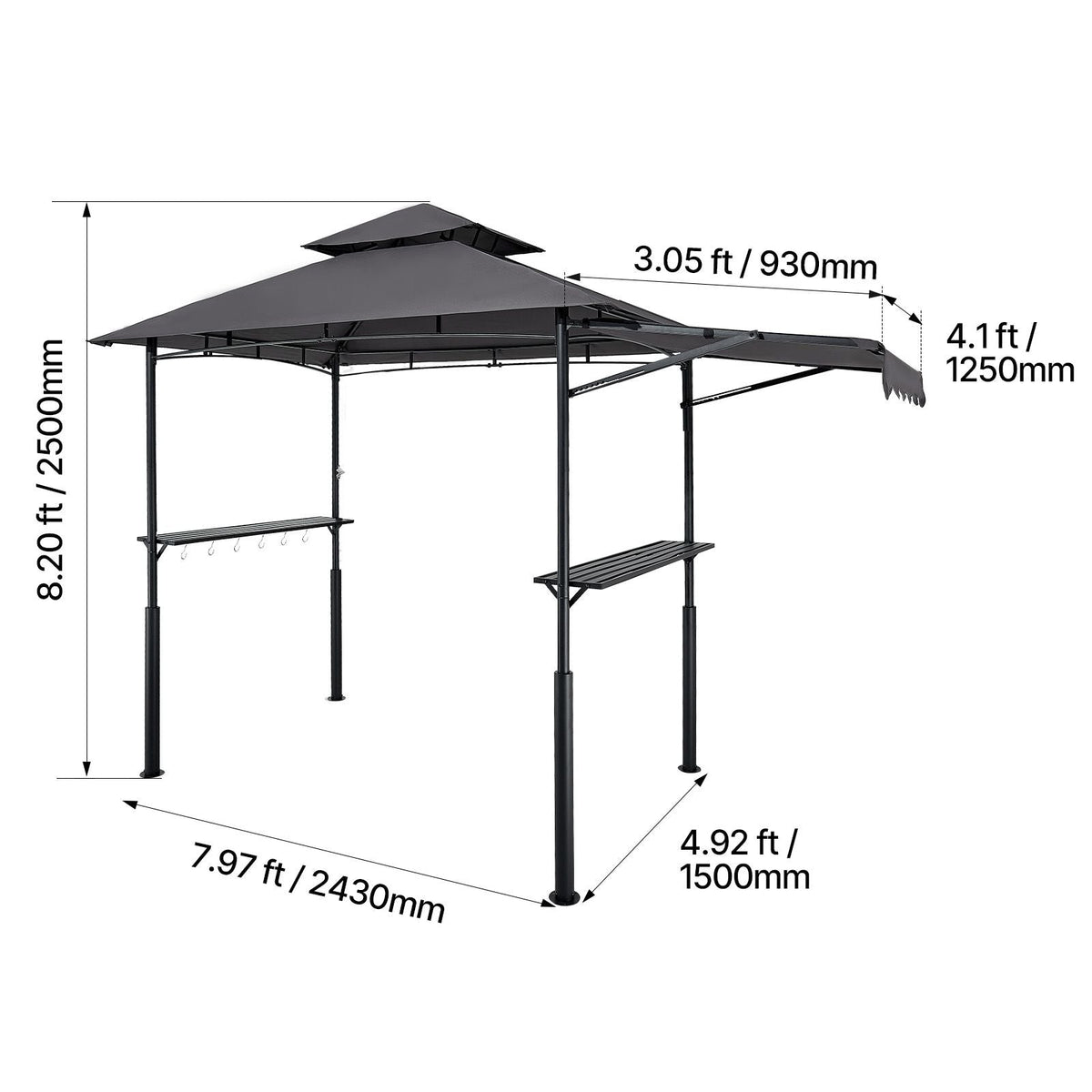 Grill Gazebo, 8 x 5 ft Double-Tiered Top, Reinforced BBQ Gazebo with Extra Awning, Powder-Coated Steel Patio Grill Shelter with 2 Side Shelves & Hooks, Outdoor Grilling Canopy for Garden