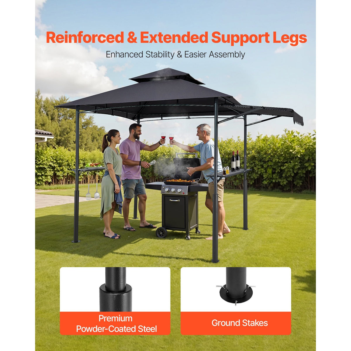 Grill Gazebo, 8 x 5 ft Double-Tiered Top, Reinforced BBQ Gazebo with Extra Awning, Powder-Coated Steel Patio Grill Shelter with 2 Side Shelves & Hooks, Outdoor Grilling Canopy for Garden