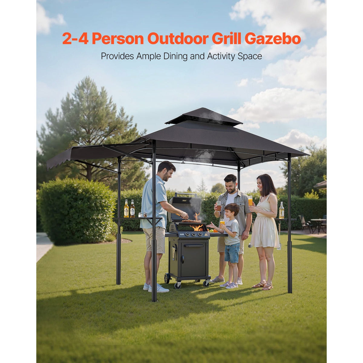Grill Gazebo, 8 x 5 ft Double-Tiered Top, Reinforced BBQ Gazebo with Extra Awning, Powder-Coated Steel Patio Grill Shelter with 2 Side Shelves & Hooks, Outdoor Grilling Canopy for Garden