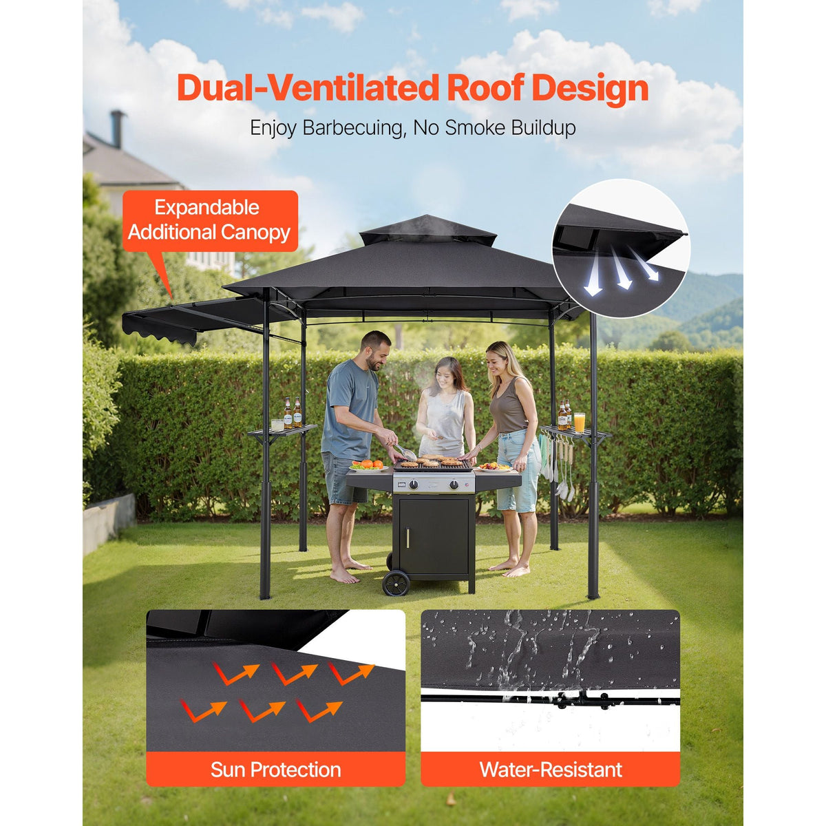 Grill Gazebo, 8 x 5 ft Double-Tiered Top, Reinforced BBQ Gazebo with Extra Awning, Powder-Coated Steel Patio Grill Shelter with 2 Side Shelves & Hooks, Outdoor Grilling Canopy for Garden