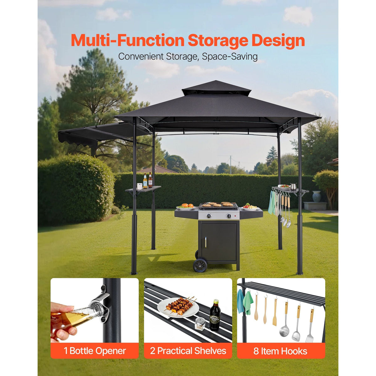 Grill Gazebo, 8 x 5 ft Double-Tiered Top, Reinforced BBQ Gazebo with Extra Awning, Powder-Coated Steel Patio Grill Shelter with 2 Side Shelves & Hooks, Outdoor Grilling Canopy for Garden