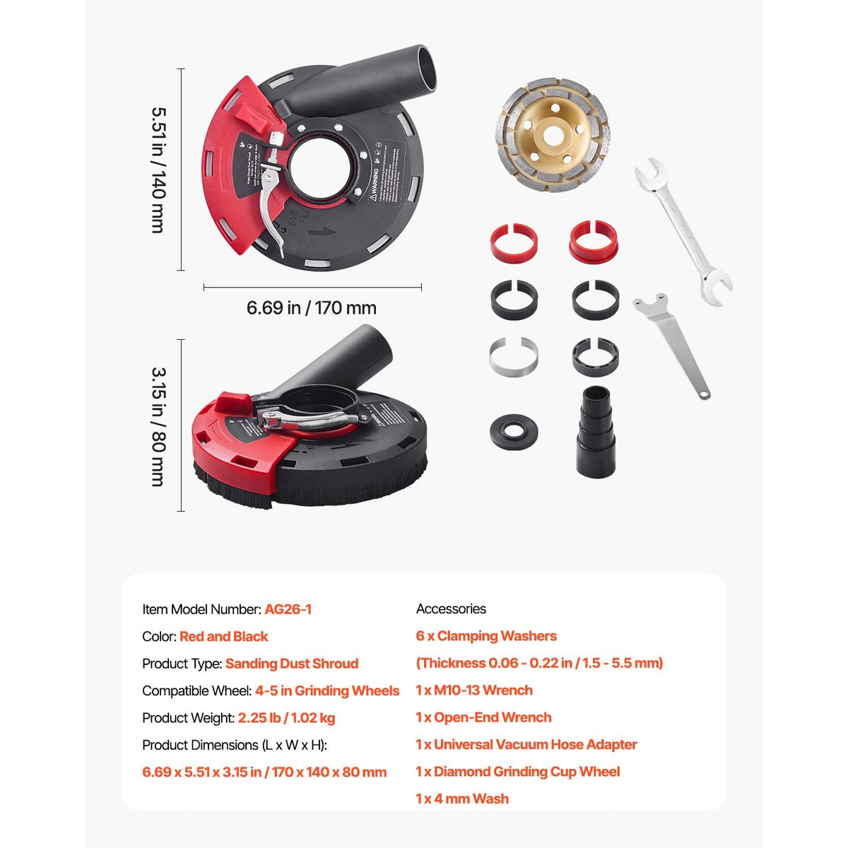 Grinding Dust Shroud for Angle Grinder, Universal 4-5 in, Surface Grinder Dust Shroud with 6 Clamping Washers & 5 in Diamond Grinding Cup Wheel, Connect to Vacuum Cleaner, for Wood Concrete Wall