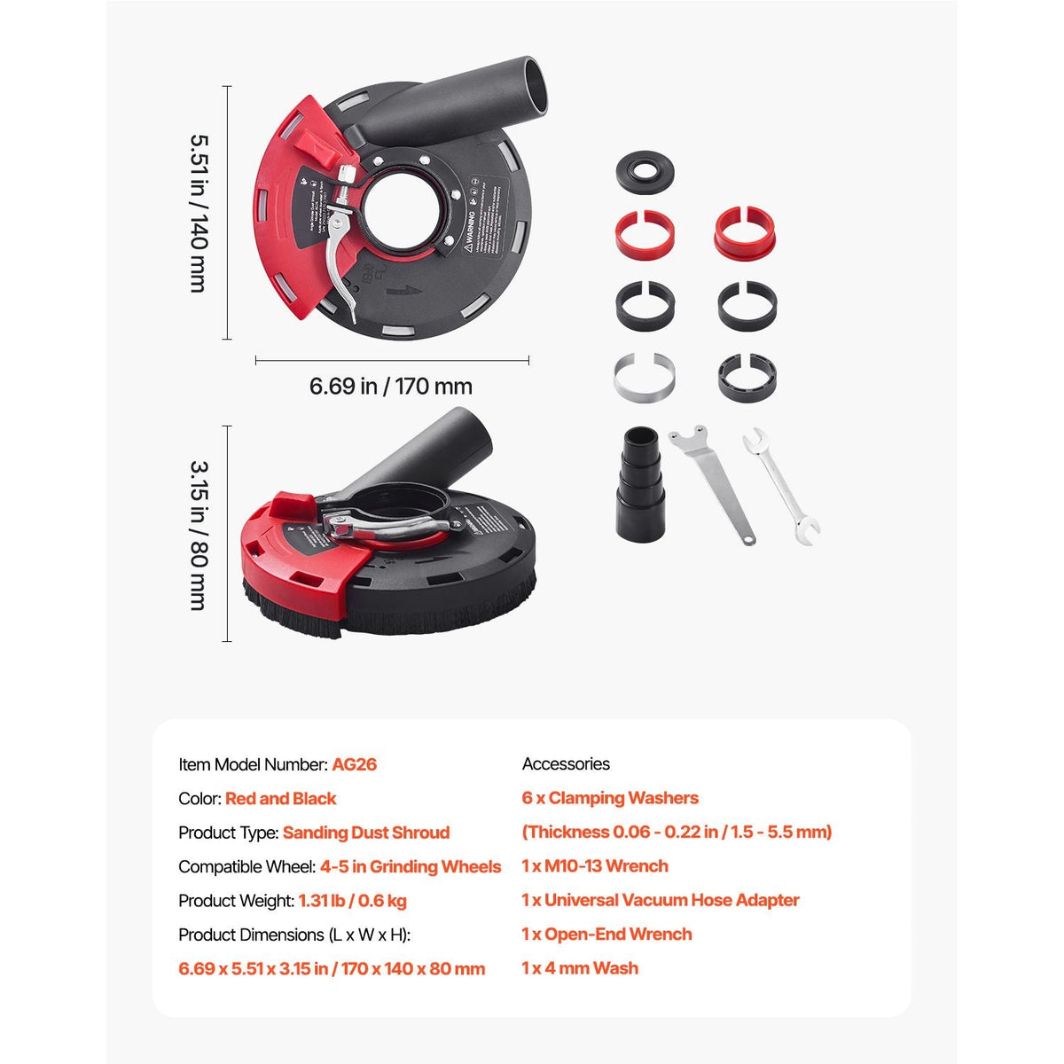 Grinding Dust Shroud for Angle Grinder, Universal 4-5 in, Surface Grinder Dust Shroud with 6 Clamping Washers, Connect to Vacuum Cleaner, Suitable for Grinding Wood Concrete Wall Stone