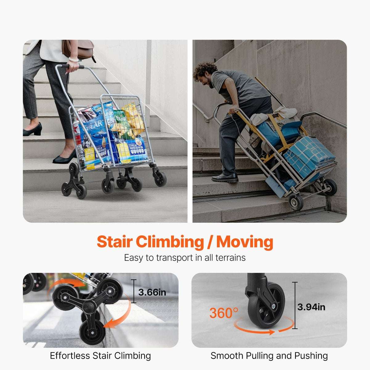 Grocery Shopping Cart, 45L Stair Climbing Shopping Cart with 360° Rolling Swivel Wheels, Stair Climber Utility Cart with Tri-Wheels, Foldable Collapsible & Lightweight for Laundry Travel, Silver