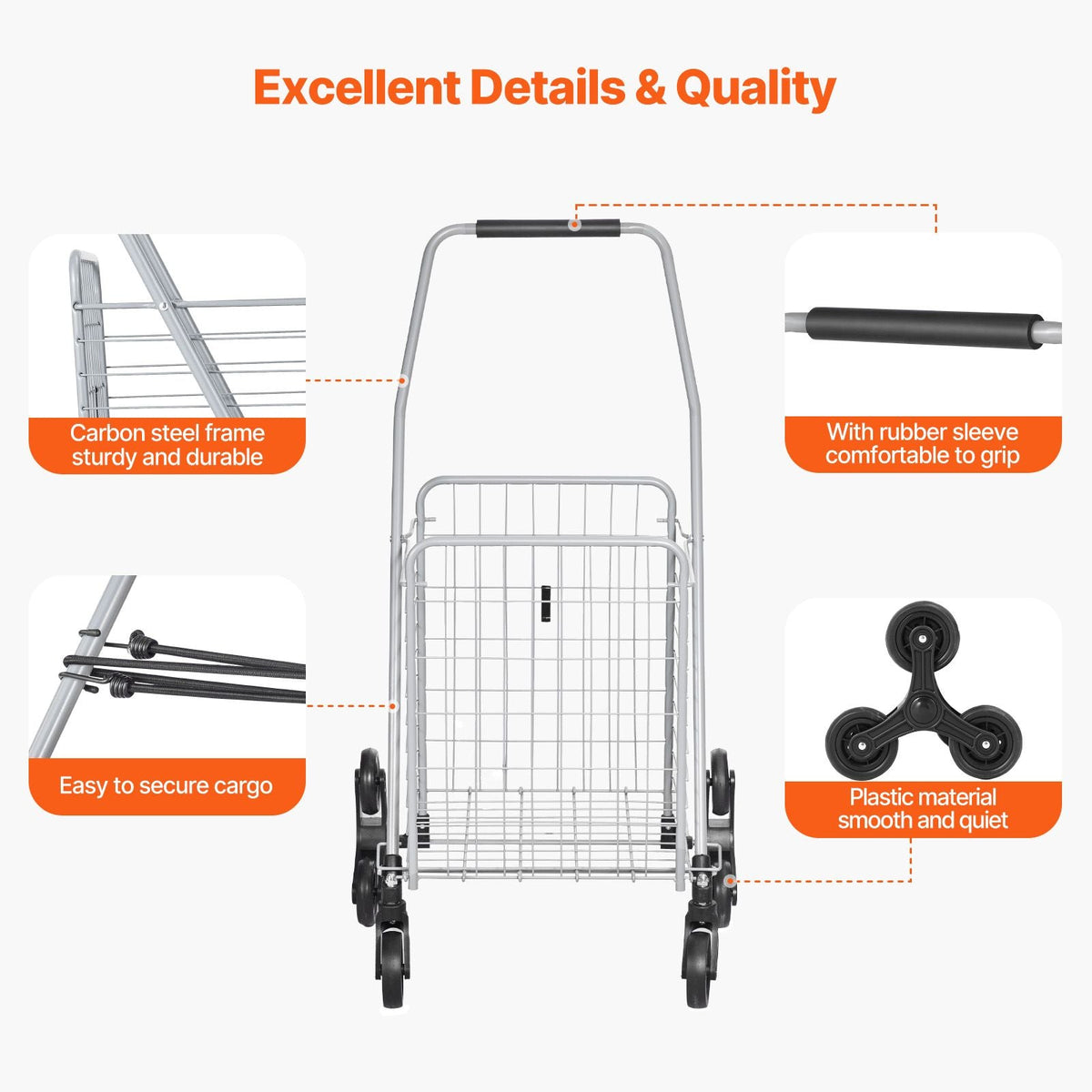Grocery Shopping Cart, 45L Stair Climbing Shopping Cart with 360° Rolling Swivel Wheels, Stair Climber Utility Cart with Tri-Wheels, Foldable Collapsible & Lightweight for Laundry Travel, Silver