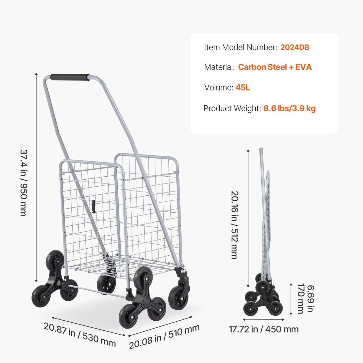 Grocery Shopping Cart, 45L Stair Climbing Shopping Cart with 360° Rolling Swivel Wheels, Stair Climber Utility Cart with Tri-Wheels, Foldable Collapsible & Lightweight for Laundry Travel, Silver