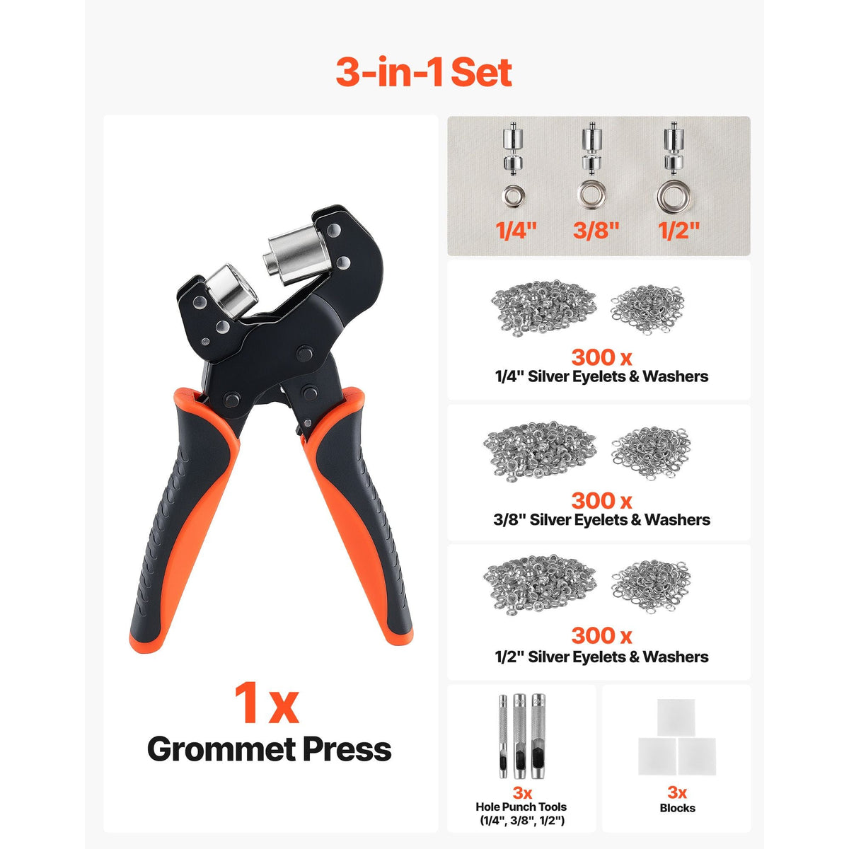Grommet Tool Kit 1/4" 3/8" 1/2" 900 PCS Grommets Eyelet Tool Kit, with Eyelets and Washers, Manual Grommet Press Pliers, Hole Punch Tools, Blocks, for Leather, Tarps, Shoes, Crafts, Fabric