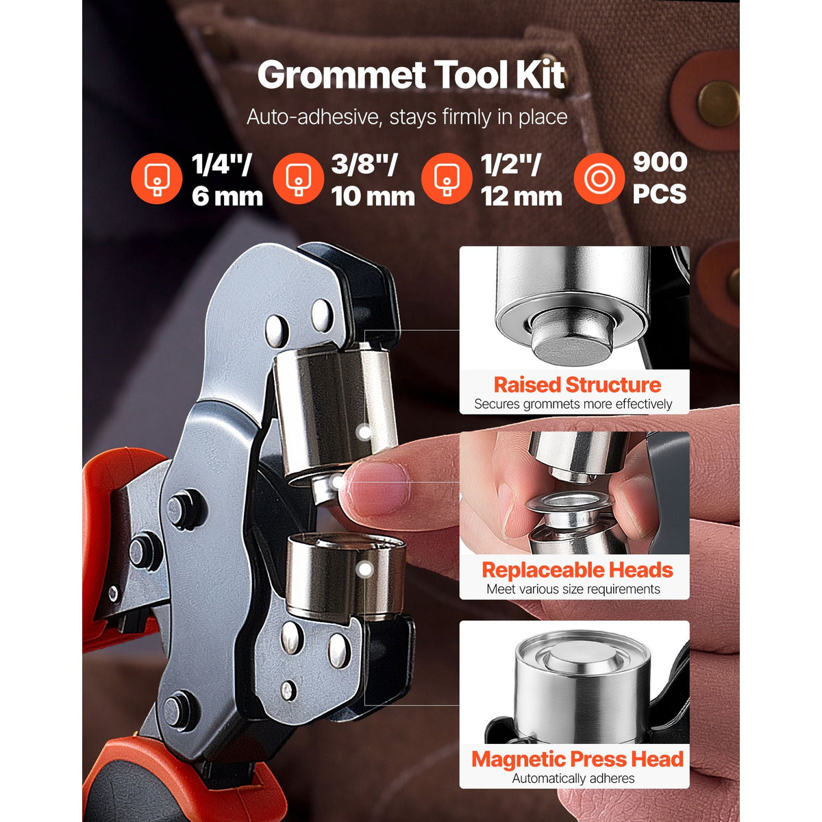 Grommet Tool Kit 1/4" 3/8" 1/2" 900 PCS Grommets Eyelet Tool Kit, with Eyelets and Washers, Manual Grommet Press Pliers, Hole Punch Tools, Blocks, for Leather, Tarps, Shoes, Crafts, Fabric