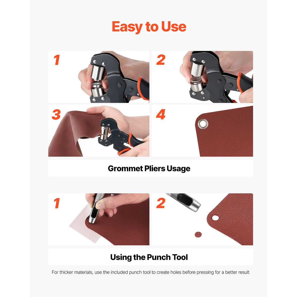 Grommet Tool Kit 1/4" 5/16" 3/8" 900 PCS Grommets Eyelet Tool Kit, with Eyelets and Washers, Manual Grommet Press Pliers, Hole Punch Tools, Blocks, for Leather, Tarps, Shoes, Crafts, Fabric