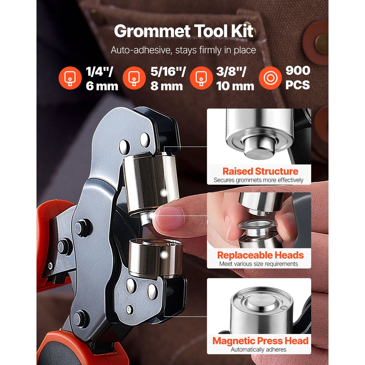 Grommet Tool Kit 1/4" 5/16" 3/8" 900 PCS Grommets Eyelet Tool Kit, with Eyelets and Washers, Manual Grommet Press Pliers, Hole Punch Tools, Blocks, for Leather, Tarps, Shoes, Crafts, Fabric