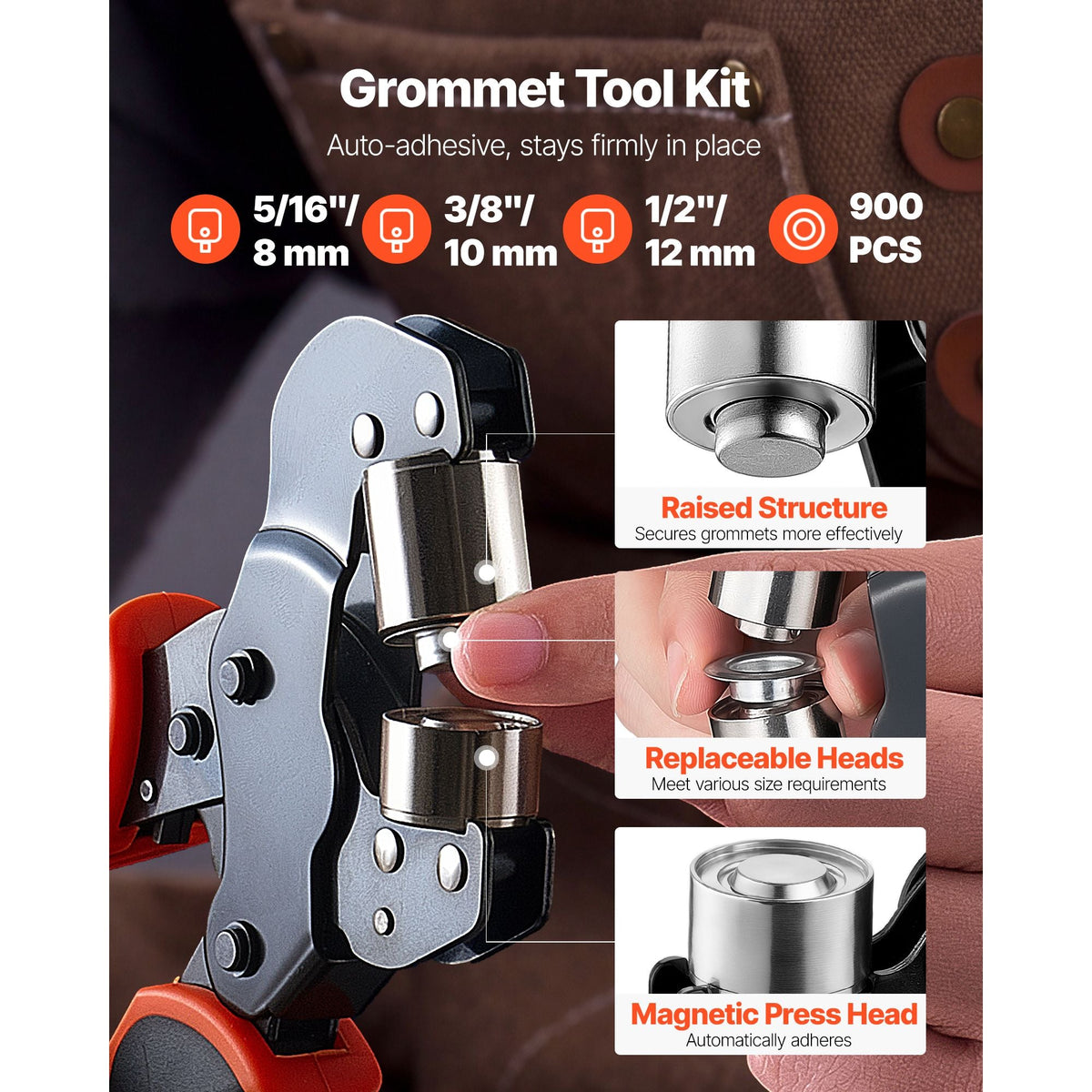 Grommet Tool Kit 5/16" 3/8" 1/2" 900 PCS Grommets Eyelet Tool Kit, with Eyelets and Washers, Manual Grommet Press Pliers, Hole Punch Tools, Blocks, for Leather, Tarps, Shoes, Crafts, Fabric