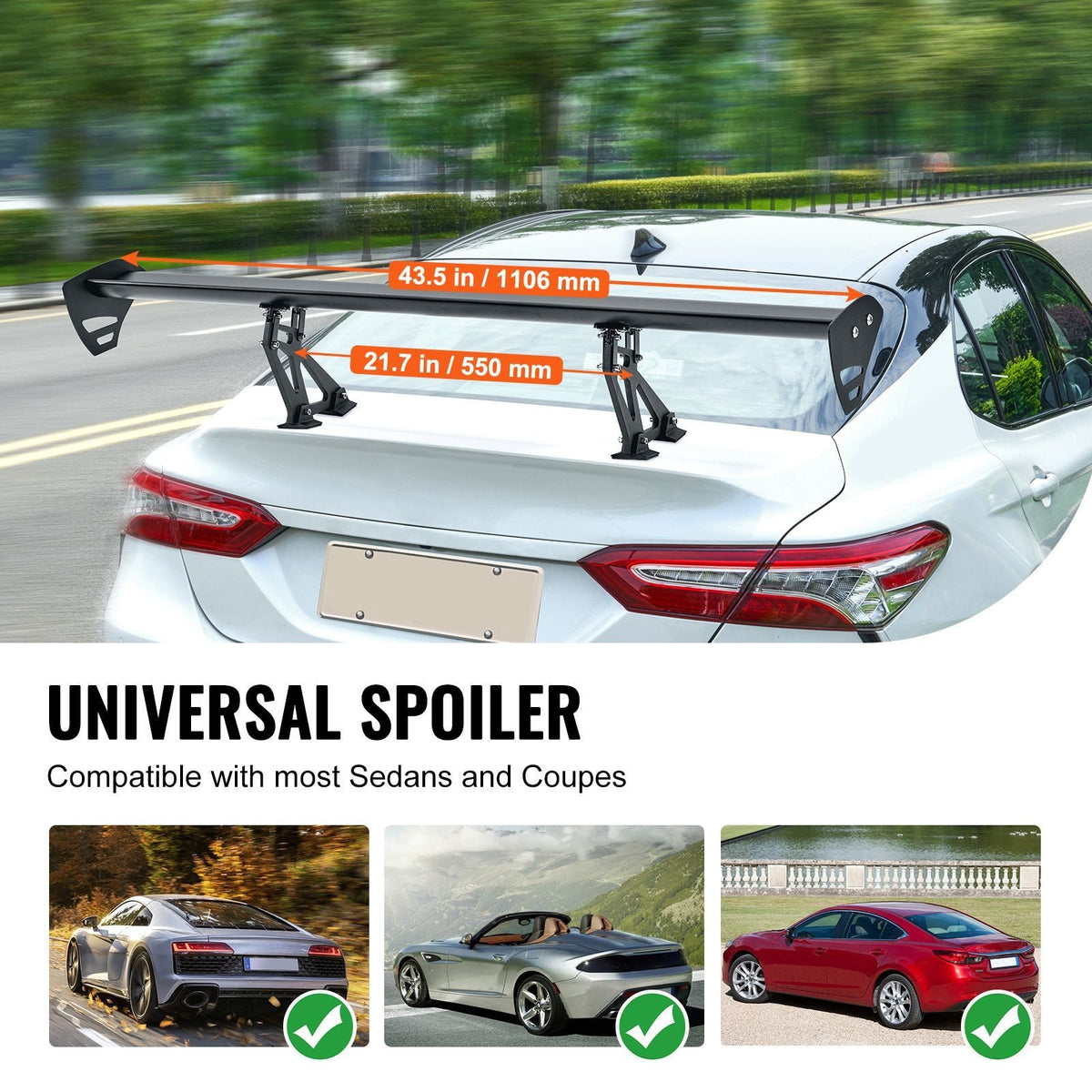 GT Wing Car Spoiler, 43.3 inch Universal Spoiler with Single Deck, Adjustable Lightweight Aluminum, Car Rear Spoiler Wing, Racing Spoiler BGW/JDM Drift Black