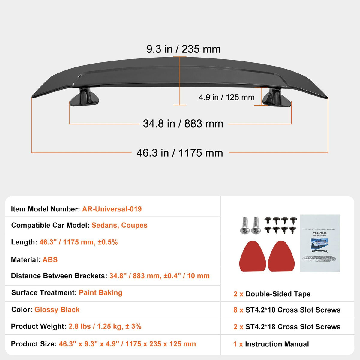 GT Wing Car Spoiler, 46.3 inch Universal Spoiler, Compatible with most Sedans and Coupes, High Strength ABS Material, Car Rear Spoiler Wing, Racing Spoiler BGW/JDM Drift Glossy Black