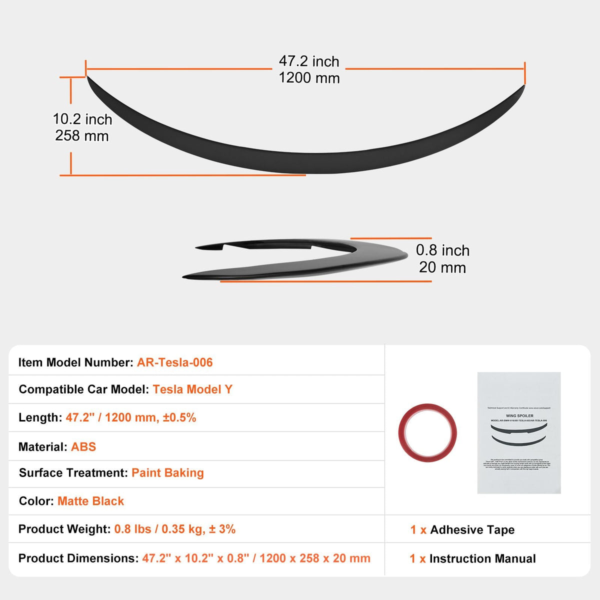 GT Wing Car Spoiler, 47.2 inch Spoiler, Compatible With Tesla Model Y, High Strength ABS Material, Baking Paint, Car Rear Spoiler Wing, Racing Spoilers for Cars, Matte Black