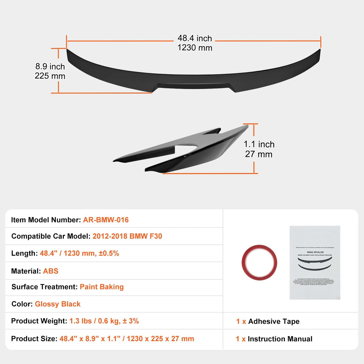GT Wing Car Spoiler, 48.4 inch Spoiler, Compatible with 2012-2018 BMW F30, High Strength ABS Material, Baking Paint, Car Rear Spoiler Wing, Racing Spoilers for Cars, Glossy Black
