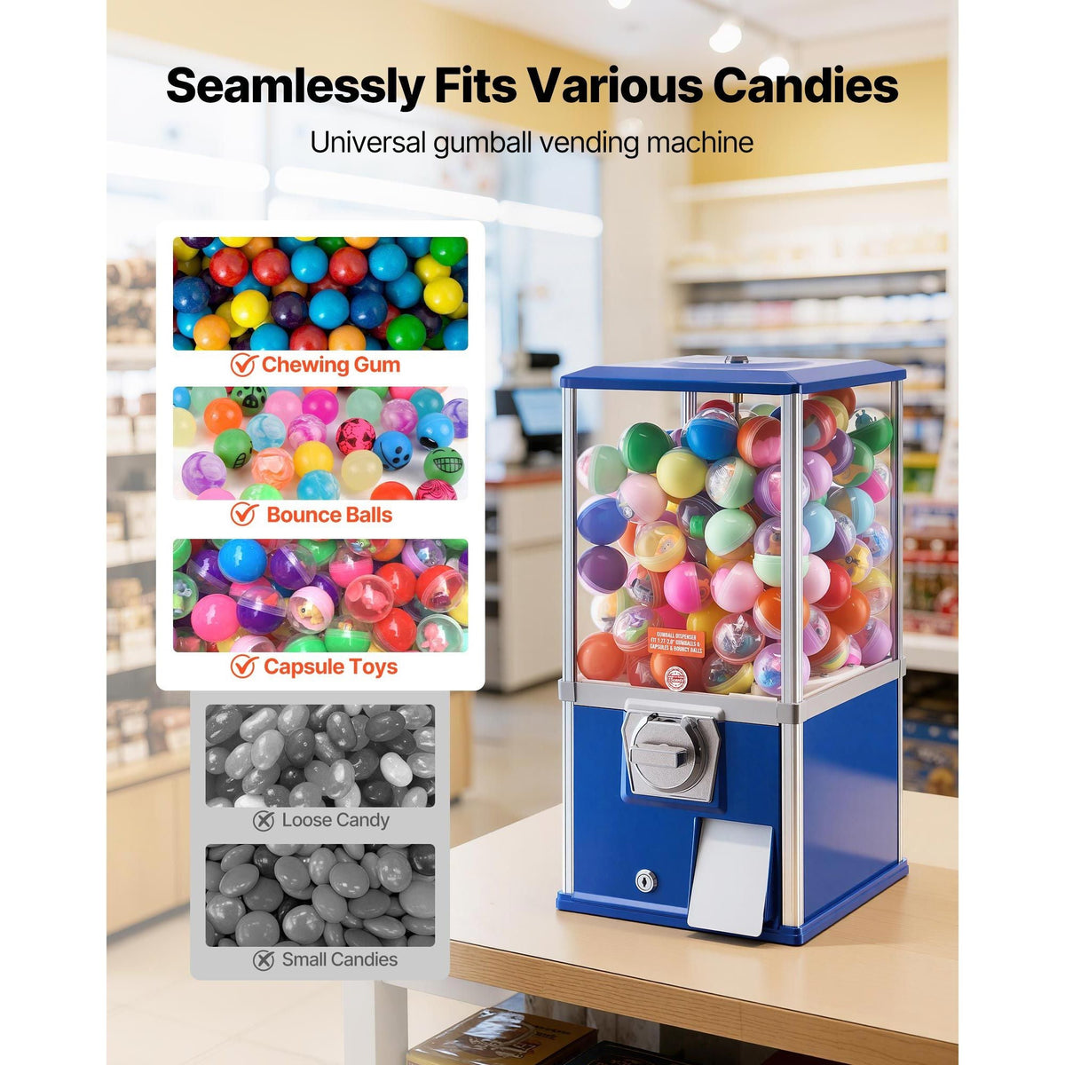 Gumball Machine, 21 inch Height Candy Vending Machine Dispenser, 25-Cent Vending Machines for Shopping Malls, Supermarkets, Amusement Parks, Arcades, Holds Up to 180 1.77 inch Spherical Candies
