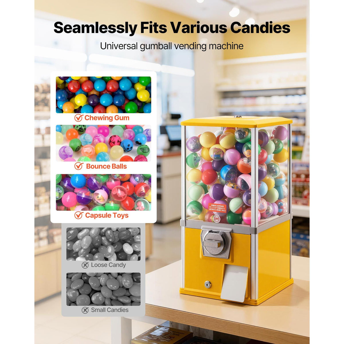 Gumball Machine, 21 inch Height Candy Vending Machine Dispenser, 25-Cent Vending Machines for Shopping Malls, Supermarkets, Amusement Parks, Arcades, Holds Up to 180 1.77 inch Spherical Candies