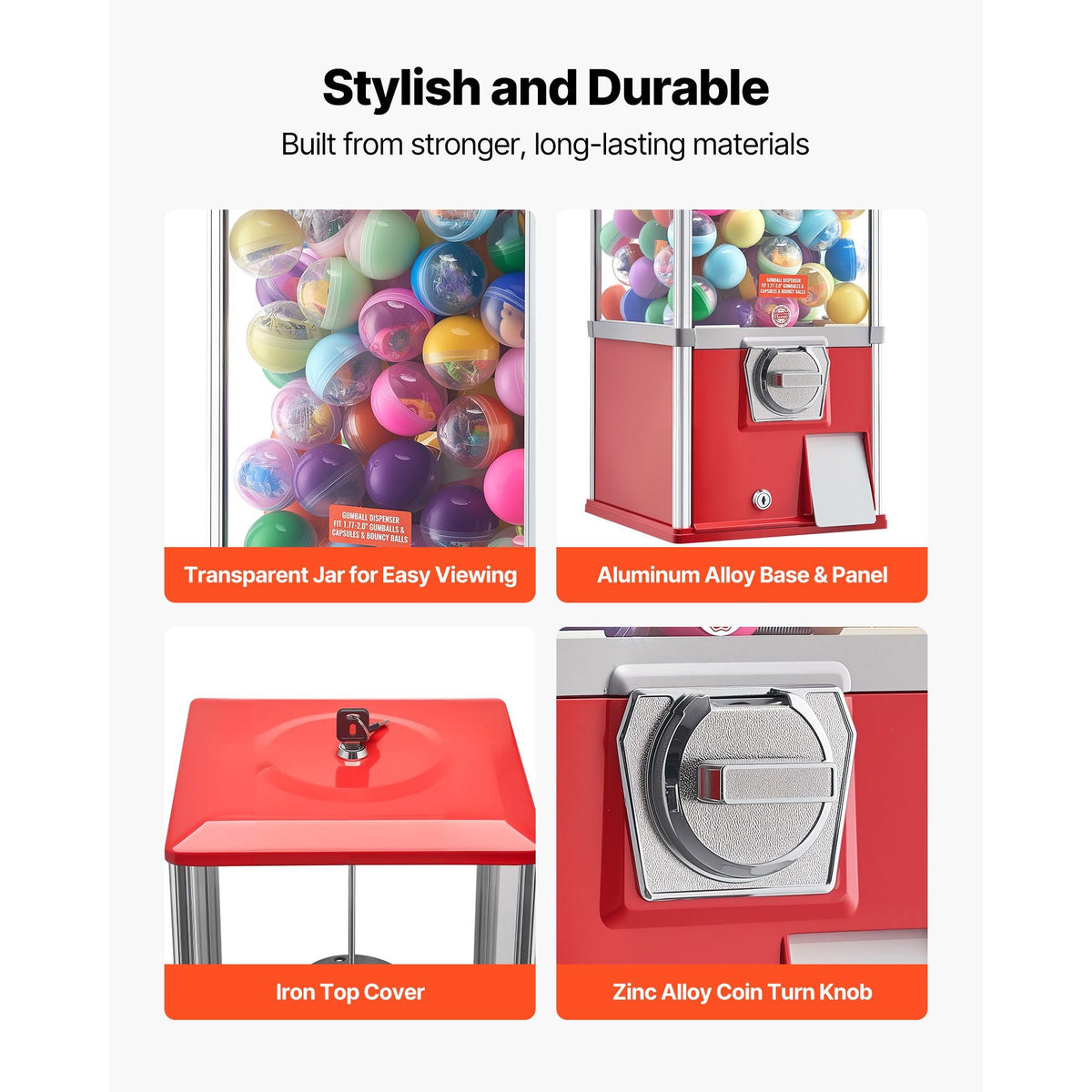 Gumball Machine, 21 inch Height Candy Vending Machine Dispenser, 25-Cent Vending Machines for Shopping Malls, Supermarkets, Amusement Parks, Arcades, Holds Up to 180 1.77 inch Spherical Candies