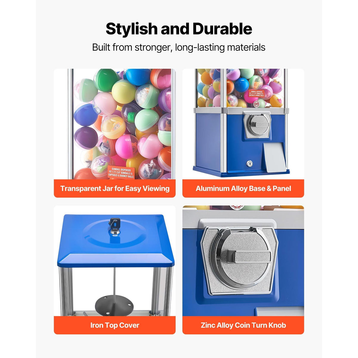 Gumball Machine, 21 inch Height Candy Vending Machine Dispenser, 25-Cent Vending Machines for Shopping Malls, Supermarkets, Amusement Parks, Arcades, Holds Up to 180 1.77 inch Spherical Candies