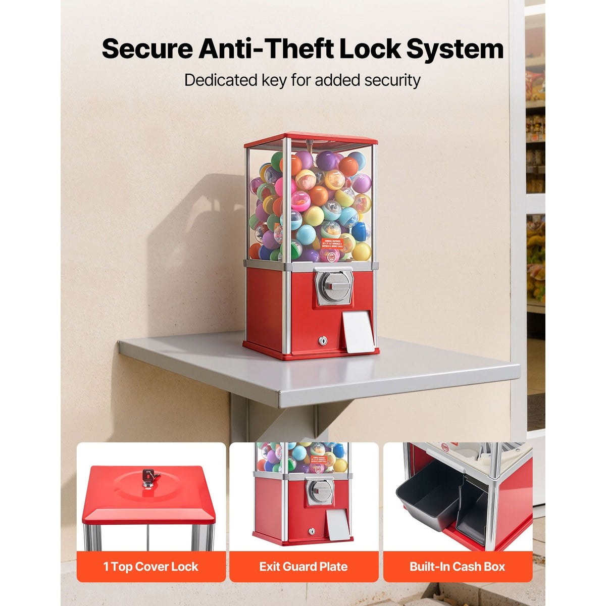 Gumball Machine, 21 inch Height Candy Vending Machine Dispenser, 25-Cent Vending Machines for Shopping Malls, Supermarkets, Amusement Parks, Arcades, Holds Up to 180 1.77 inch Spherical Candies