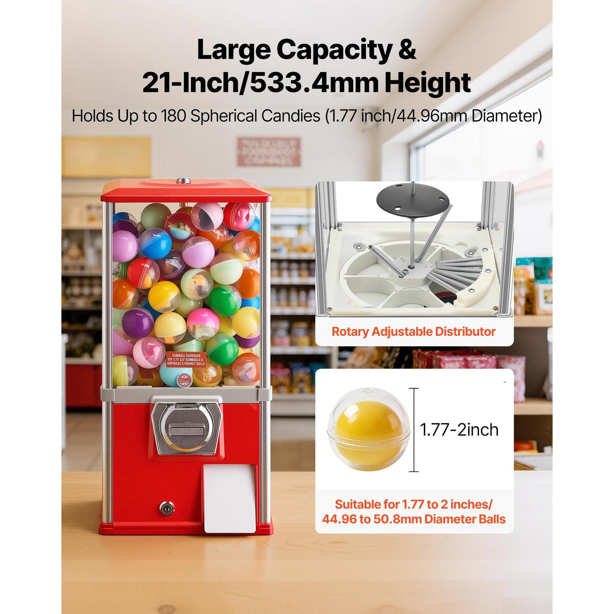 Gumball Machine, 21 inch Height Candy Vending Machine Dispenser, 25-Cent Vending Machines for Shopping Malls, Supermarkets, Amusement Parks, Arcades, Holds Up to 180 1.77 inch Spherical Candies