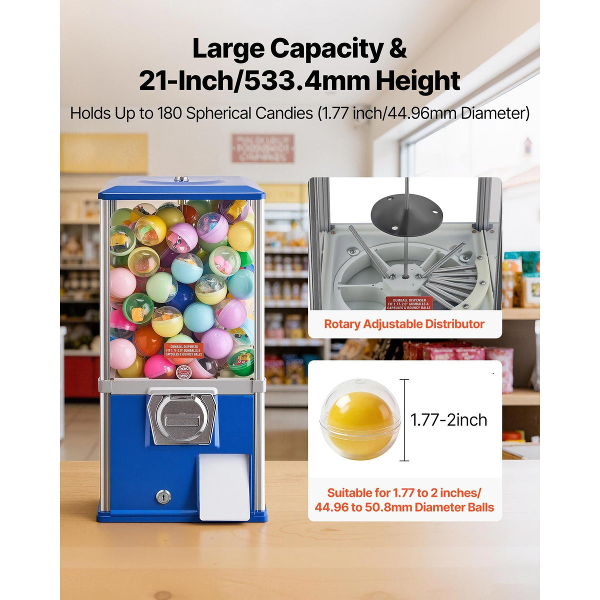 Gumball Machine, 21 inch Height Candy Vending Machine Dispenser, 25-Cent Vending Machines for Shopping Malls, Supermarkets, Amusement Parks, Arcades, Holds Up to 180 1.77 inch Spherical Candies