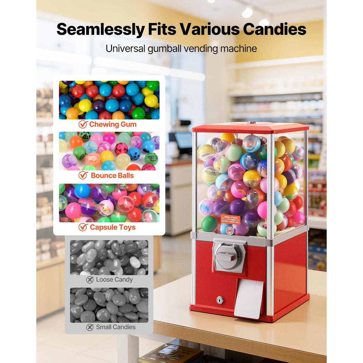 Gumball Machine, 21 inch Height Candy Vending Machine Dispenser, 25-Cent Vending Machines for Shopping Malls, Supermarkets, Amusement Parks, Arcades, Holds Up to 180 1.77 inch Spherical Candies