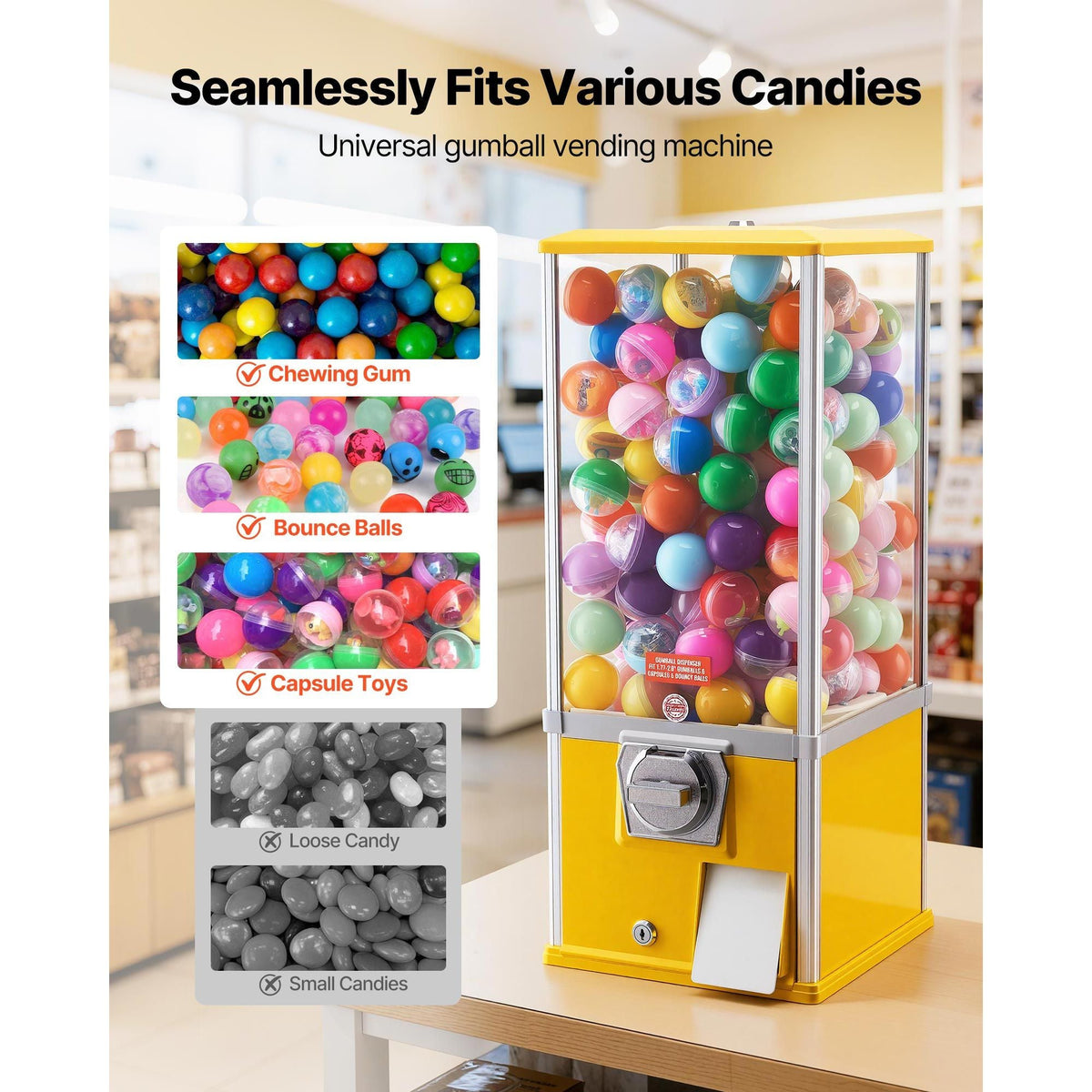 Gumball Machine, 25 inch Height Candy Vending Machine Dispenser, 25-Cent Vending Machines for Shopping Malls, Supermarkets, Amusement Parks, Arcades, Holds Up to 230 1.77 inch Spherical Candies