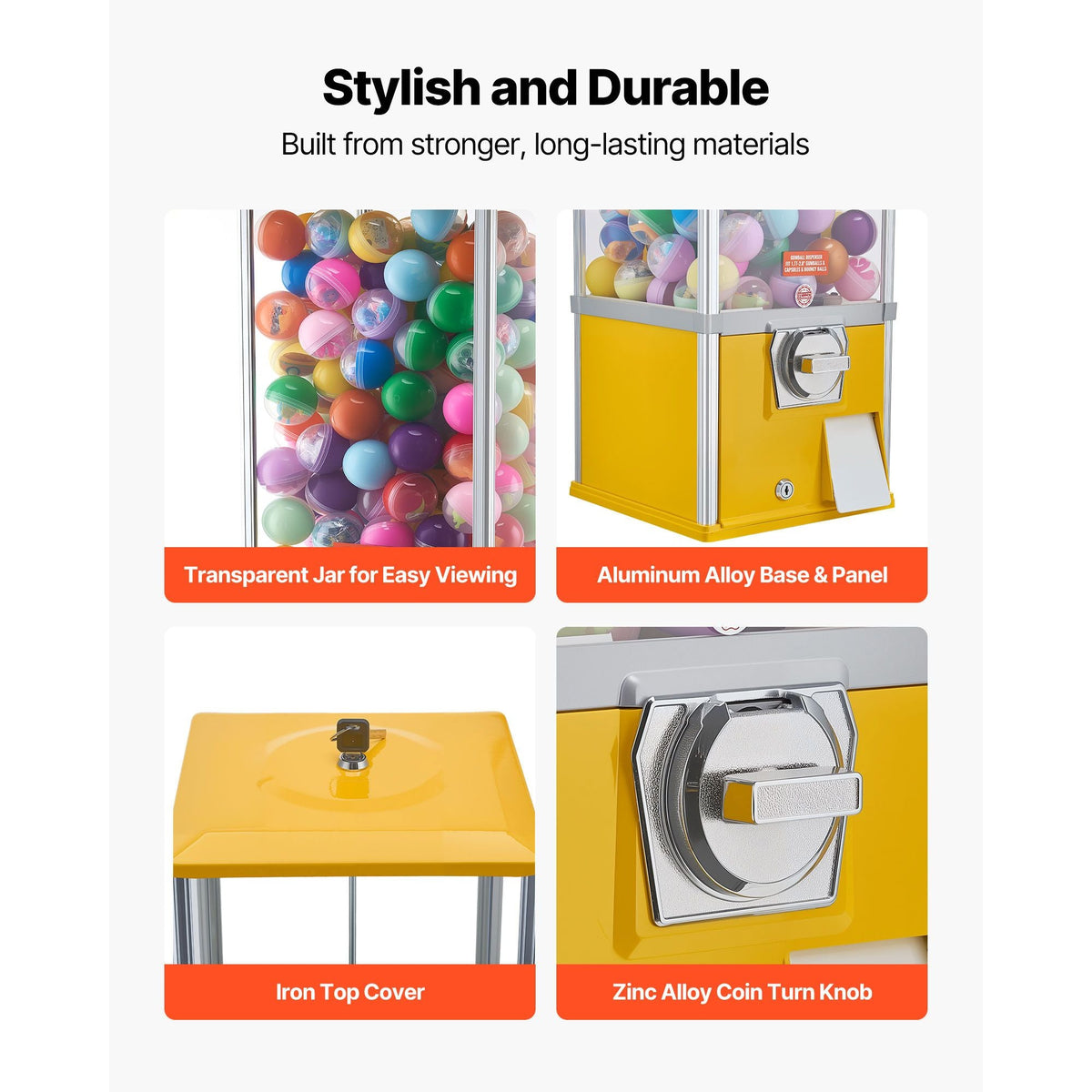 Gumball Machine, 25 inch Height Candy Vending Machine Dispenser, 25-Cent Vending Machines for Shopping Malls, Supermarkets, Amusement Parks, Arcades, Holds Up to 230 1.77 inch Spherical Candies