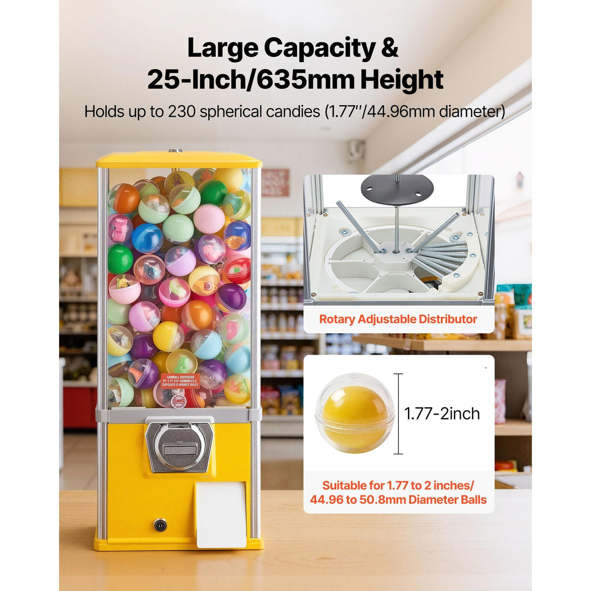 Gumball Machine, 25 inch Height Candy Vending Machine Dispenser, 25-Cent Vending Machines for Shopping Malls, Supermarkets, Amusement Parks, Arcades, Holds Up to 230 1.77 inch Spherical Candies