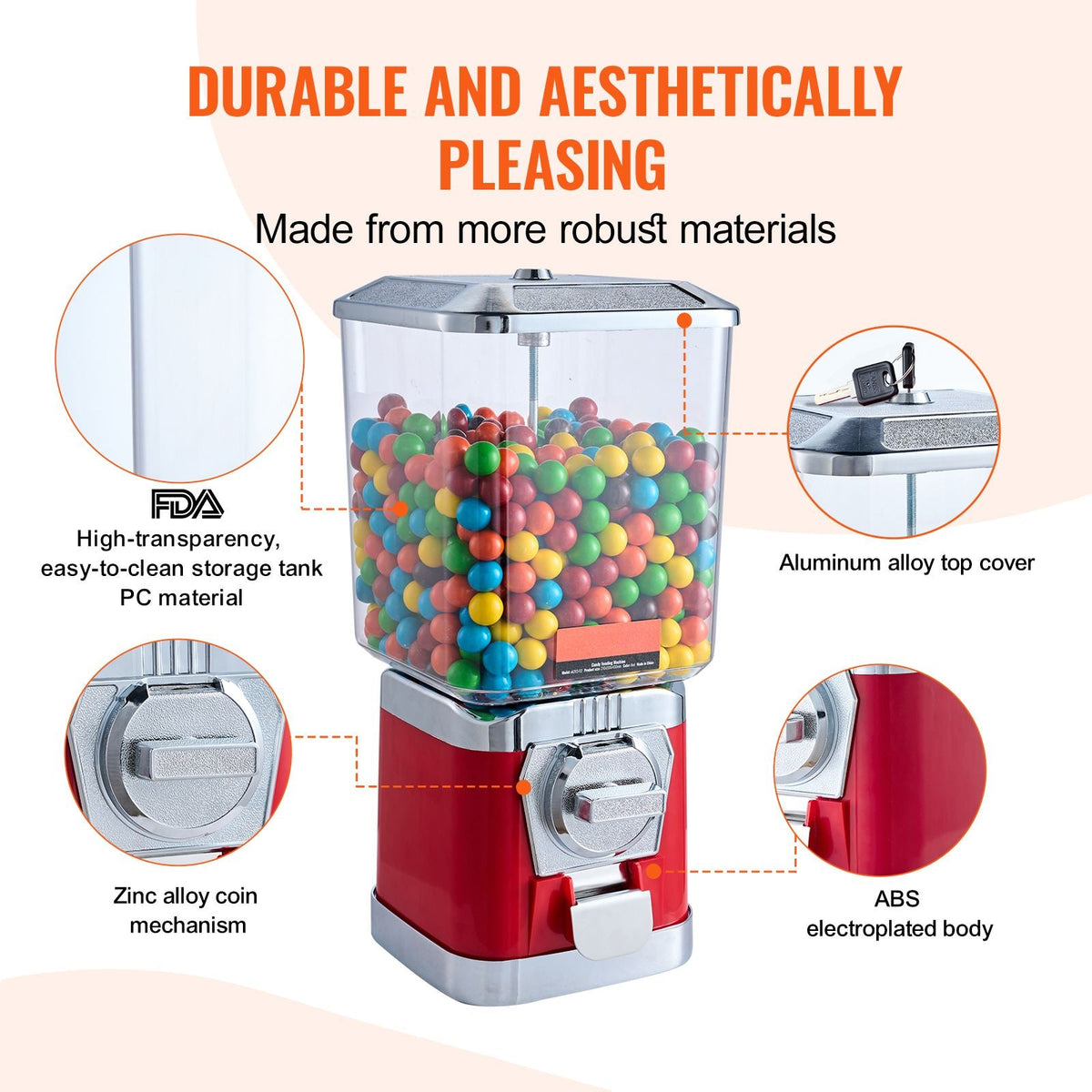Gumball Machine for Kids, 17"H Home Candy Vending Machine, PC Gumball Dispenser, Bubble Gum Machine for Game Stores, Coin Operated Gumball Bank for Toy Capsules Bouncy Balls Candy, Red