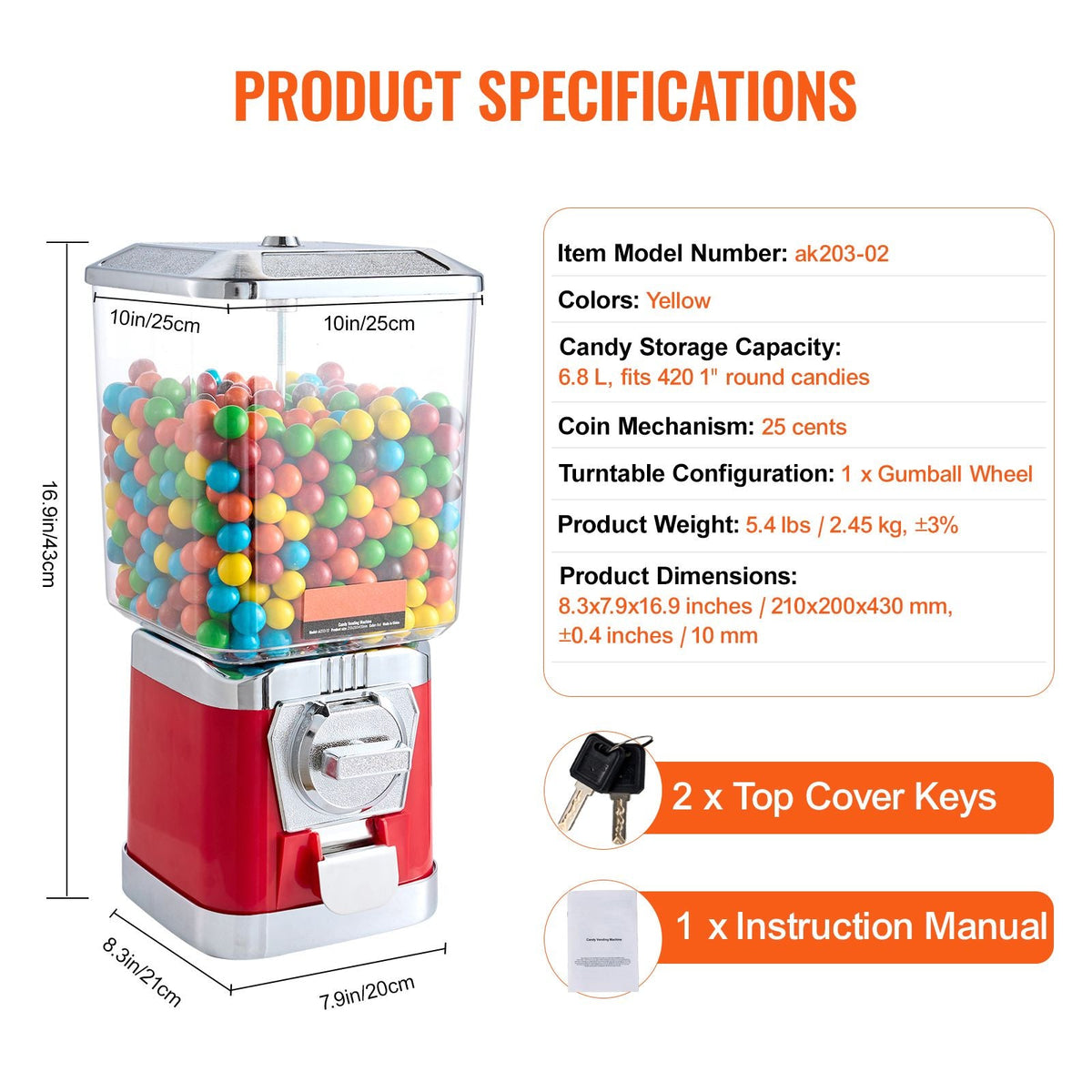 Gumball Machine for Kids, 17"H Home Candy Vending Machine, PC Gumball Dispenser, Bubble Gum Machine for Game Stores, Coin Operated Gumball Bank for Toy Capsules Bouncy Balls Candy, Red
