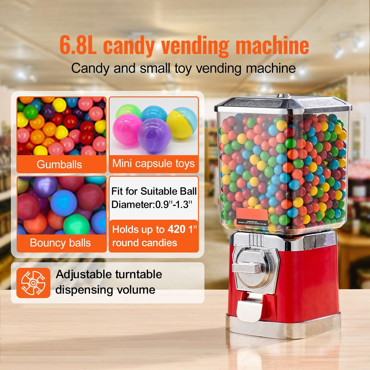 Gumball Machine for Kids, 17"H Home Candy Vending Machine, PC Gumball Dispenser, Bubble Gum Machine for Game Stores, Coin Operated Gumball Bank for Toy Capsules Bouncy Balls Candy, Red