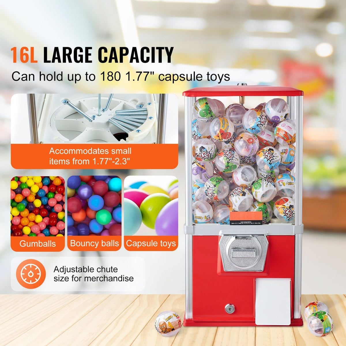 Gumball Machine for Kids, 21" Height Home Vending Machine, PS Bouncy Balls Dispenser, Hold 180 Capsule Toys, Rectangle Bubble Gum Machine for Game Stores, Coin Operated Gumball Bank, Red